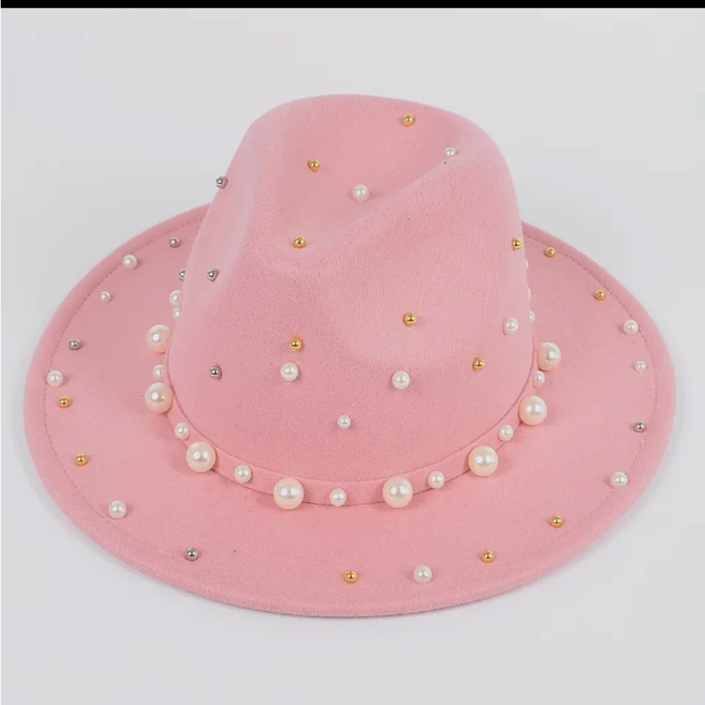 1202. Elegant Pink Pearl-Embellished Fedora